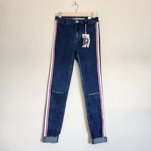 Zara High-Rise Racer Stripe Frayed Raw Hem Jeans size 6 NWT